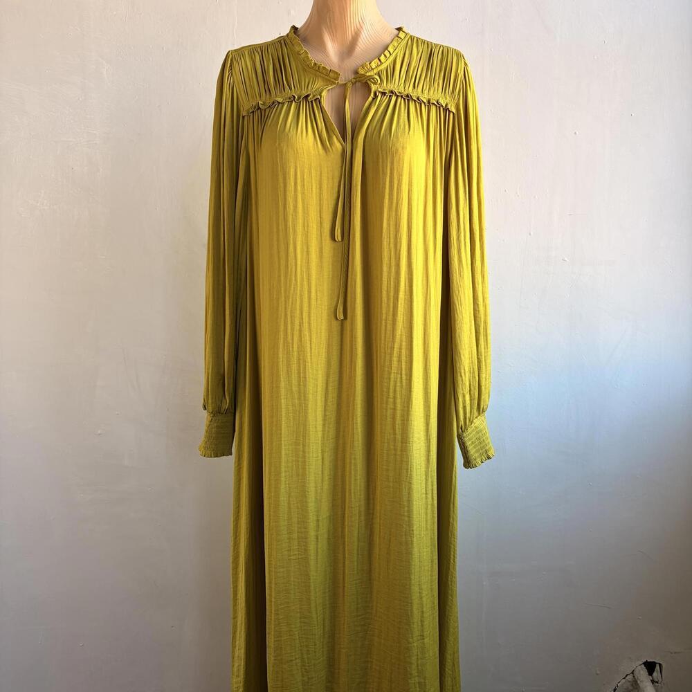 Mustard Green Yellow Boho Peasant Maxi Dress Long Sleeve Tie Neck Flowing Flowy